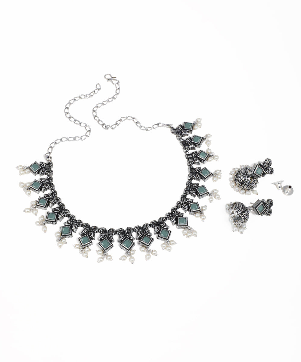 Statement oxidised silver necklace set featuring multicolor gemstones and matching earrings