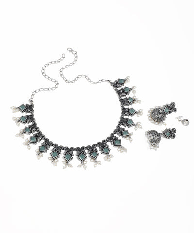 Statement oxidised silver necklace set featuring multicolor gemstones and matching earrings