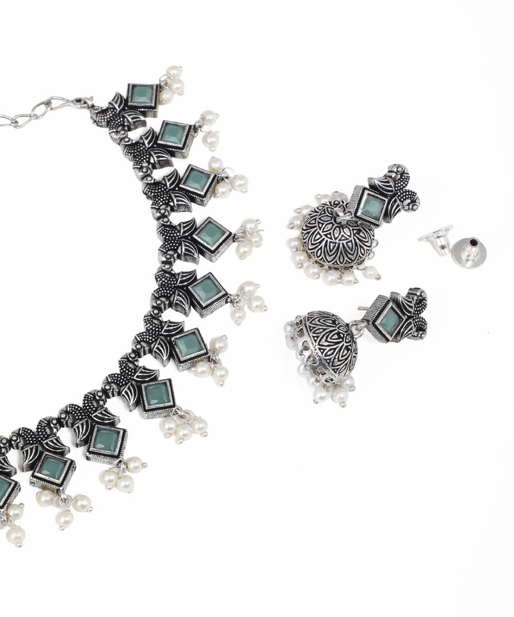 Boho oxidised jewelry set with colorful square stones and pearl fringe details