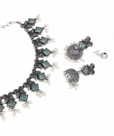Boho oxidised jewelry set with colorful square stones and pearl fringe details