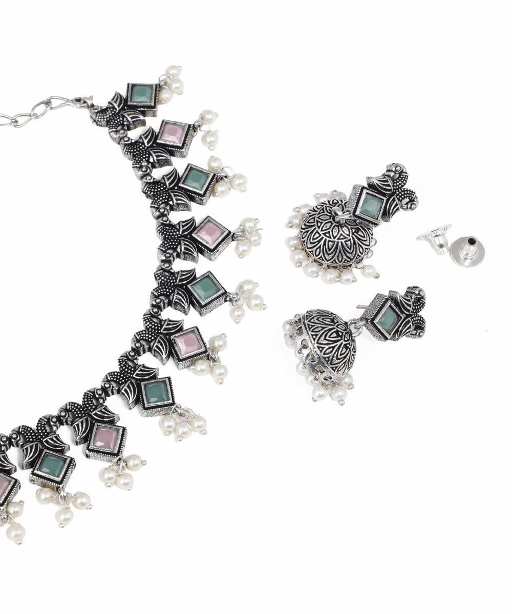 Oxidised silver jewelry set with colorful stones and matching earrings