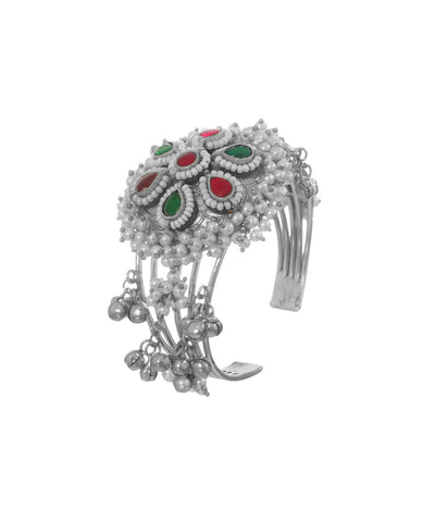 Oxidised Ghungroo Floral Statement Cuff Bracelet | Stylika
