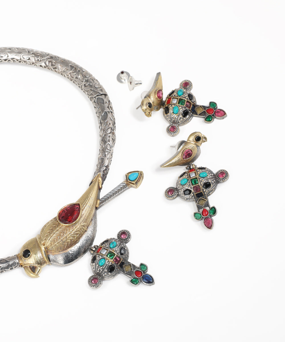 Oxidised bird motif necklace set with colorful gemstone accents and matching statement earrings