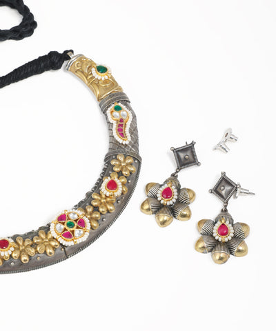 Oxidised floral statement necklace set with pink and green stone accents and matching earrings