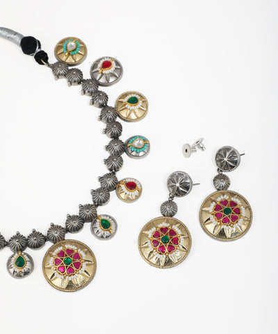 Traditional oxidised floral necklace set with multicolor stone charms and matching statement earrings