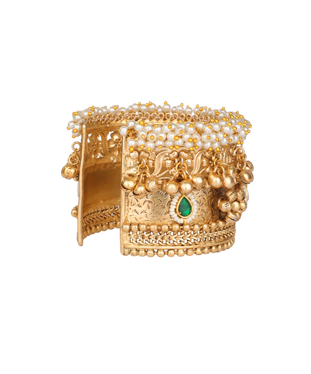 Pearl Cluster Floral Ghungroo Cuff Bangle | Stylika