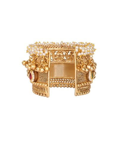 Pearl Cluster Floral Ghungroo Cuff Bangle | Stylika