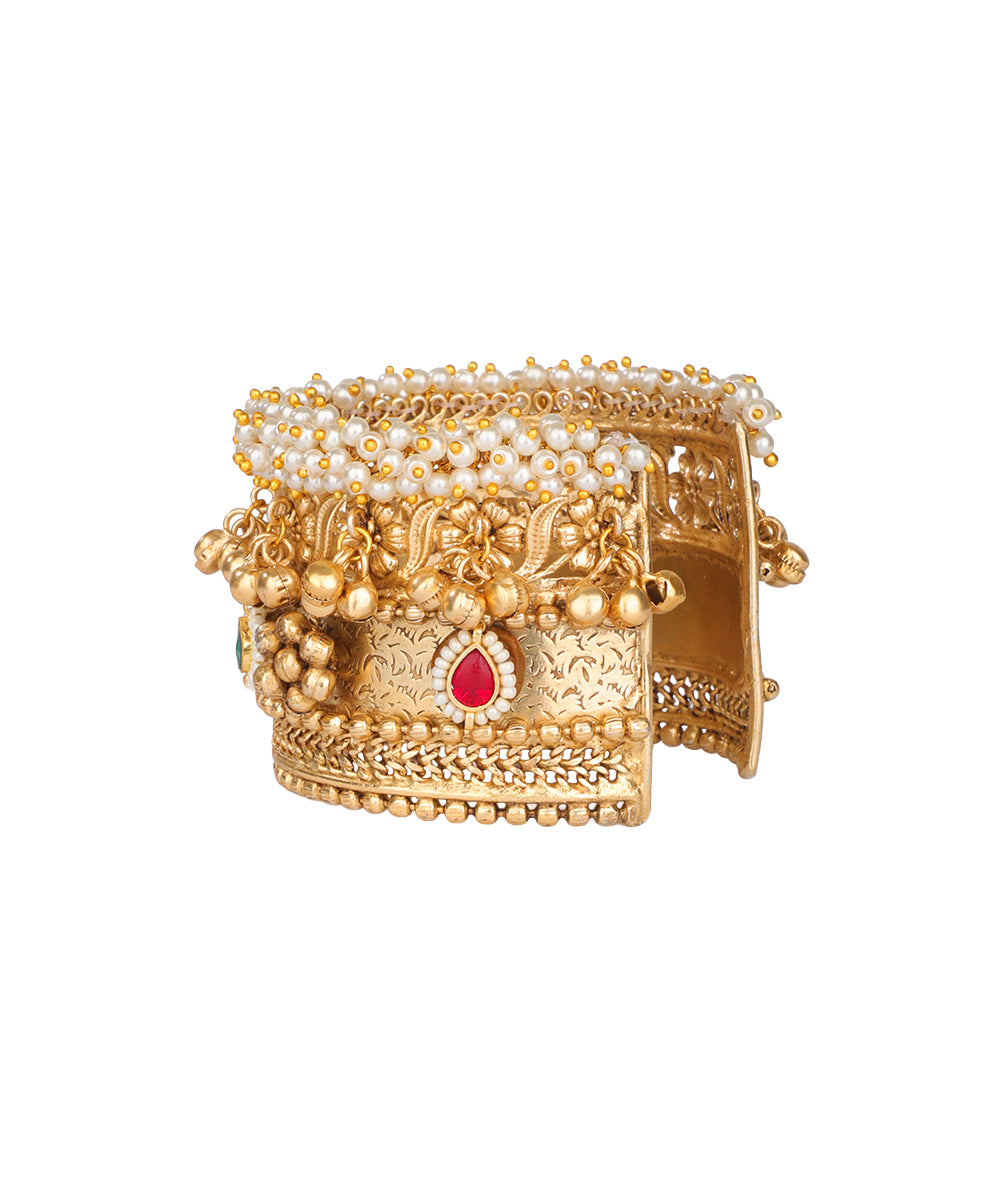 Pearl Cluster Floral Ghungroo Cuff Bangle | Stylika