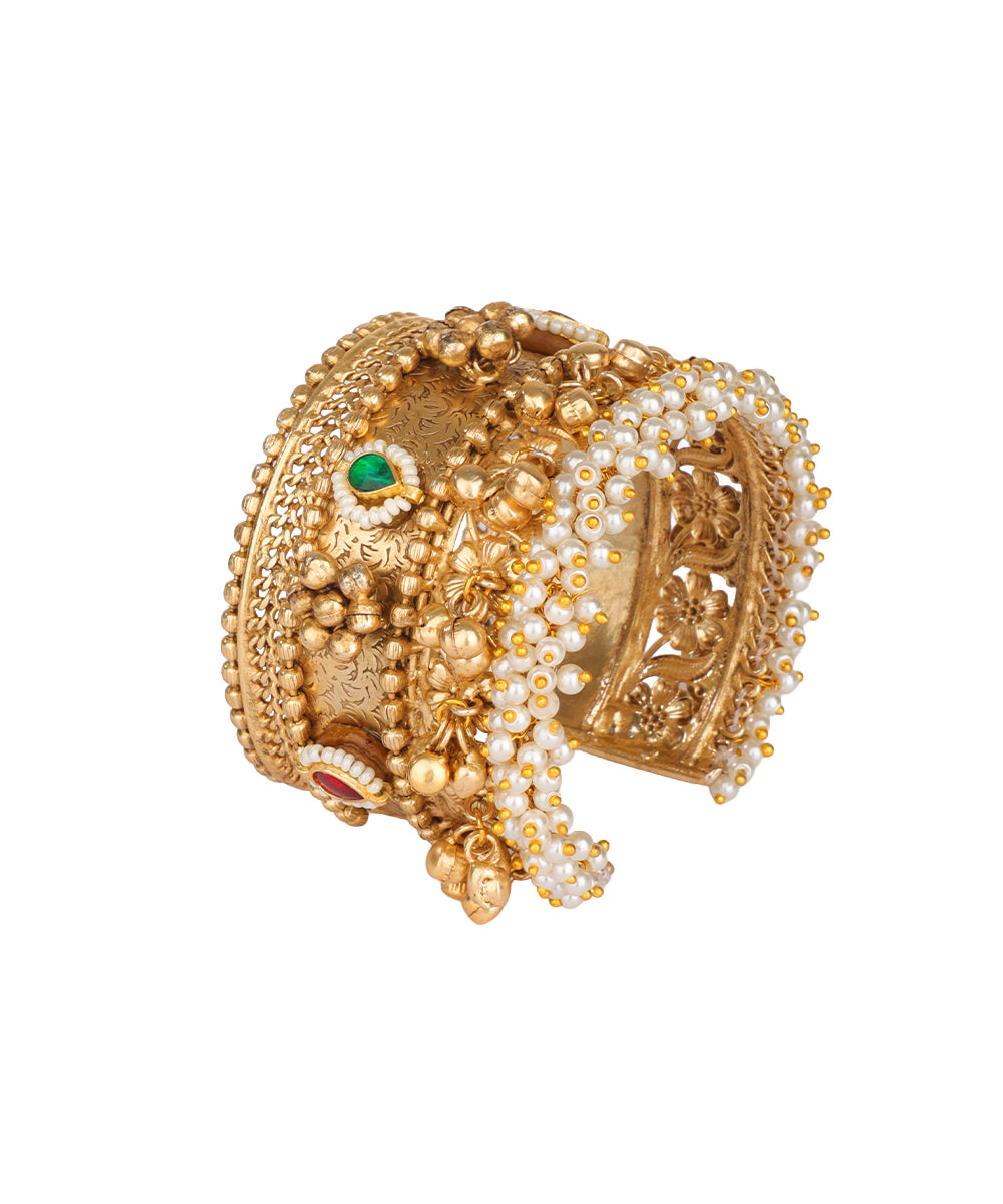 Pearl Cluster Floral Ghungroo Cuff Bangle | Stylika