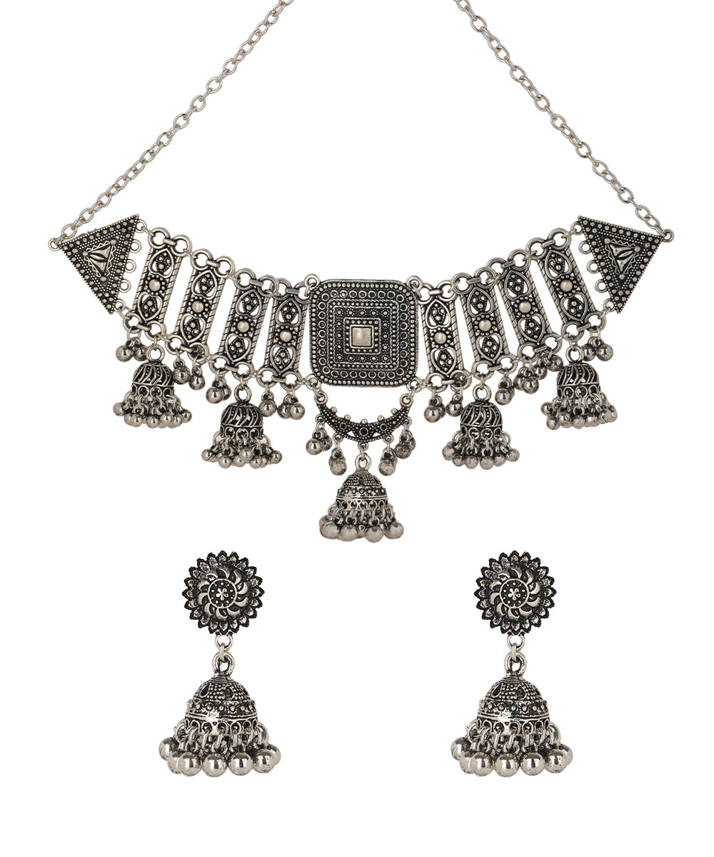 Geometric Motif Choker Necklace with Dangle | Stylika