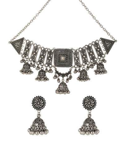 Geometric Motif Choker Necklace with Dangle | Stylika
