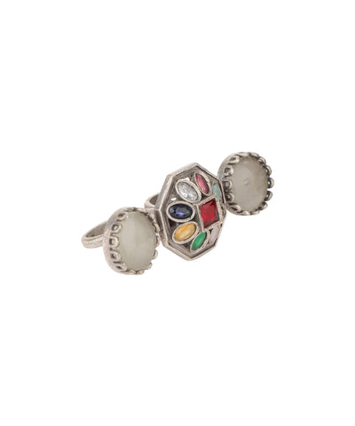 Double Finger Decorative Multi Stone Oxidised Ring | Stylika