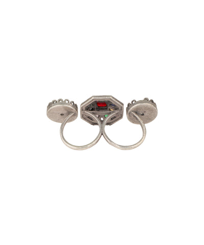 Double Finger Decorative Multi Stone Oxidised Ring | Stylika