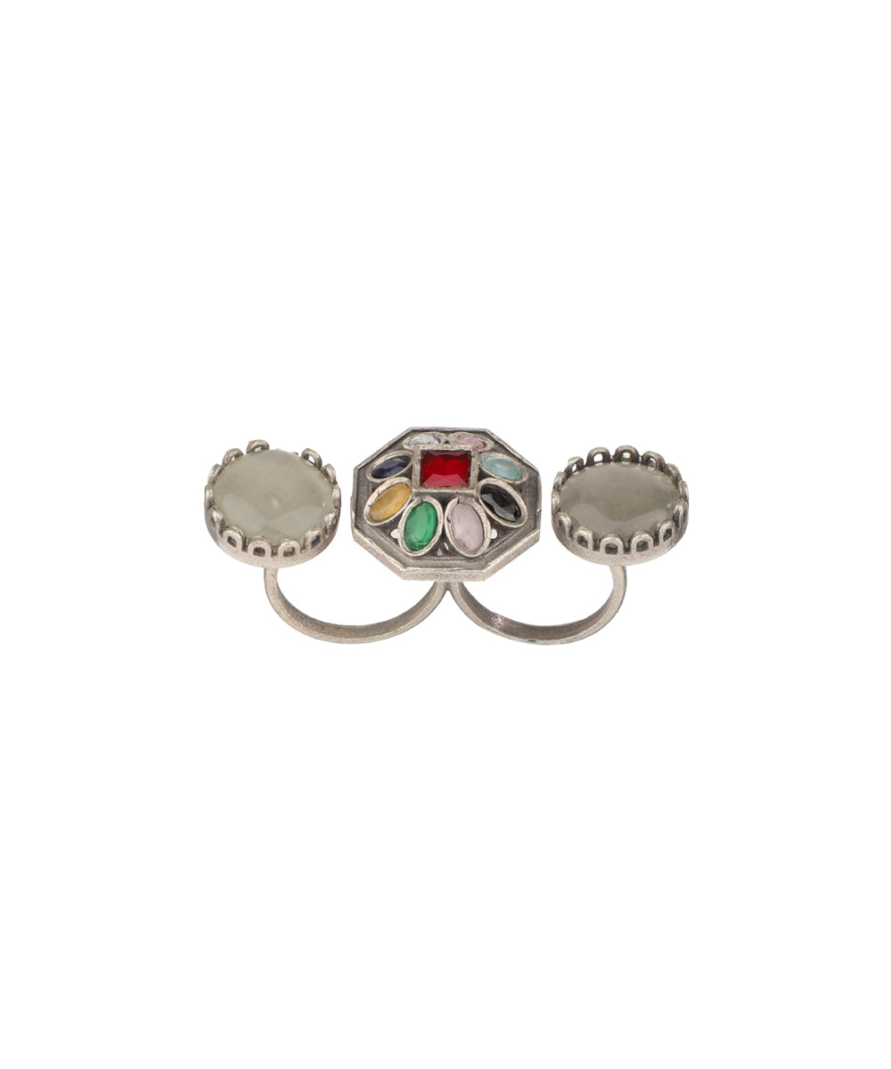Double Finger Decorative Multi Stone Oxidised Ring | Stylika