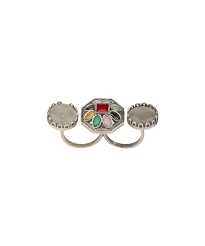 Double Finger Decorative Multi Stone Oxidised Ring | Stylika