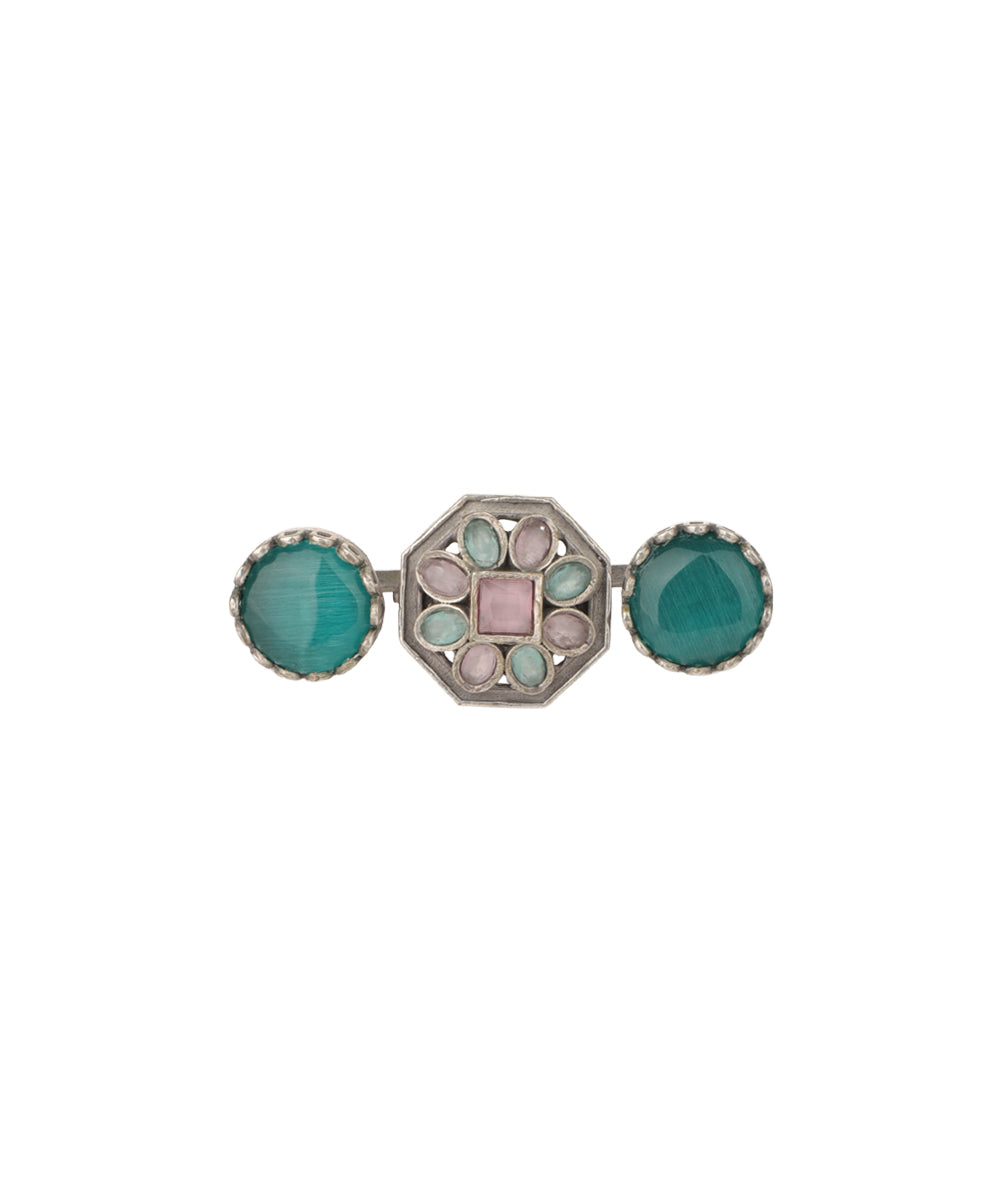 Double Finger Decorative Multi Stone Oxidised Ring | Stylika