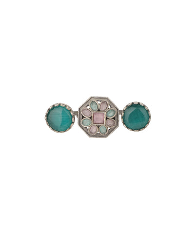 Double Finger Decorative Multi Stone Oxidised Ring | Stylika