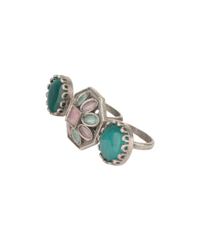 Double Finger Decorative Multi Stone Oxidised Ring | Stylika