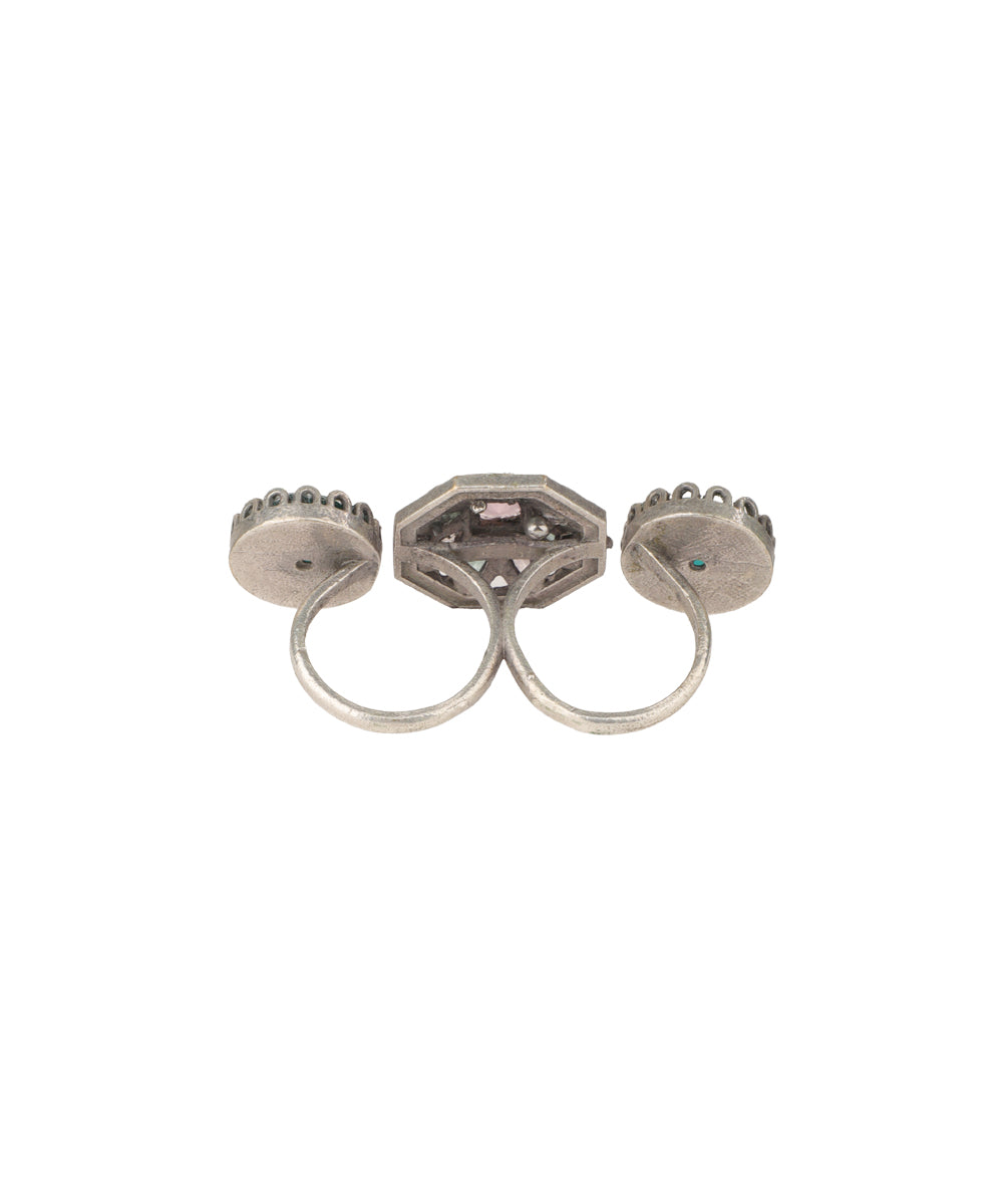 Double Finger Decorative Multi Stone Oxidised Ring | Stylika