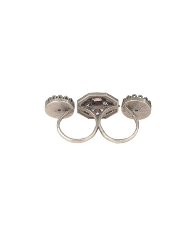 Double Finger Decorative Multi Stone Oxidised Ring | Stylika