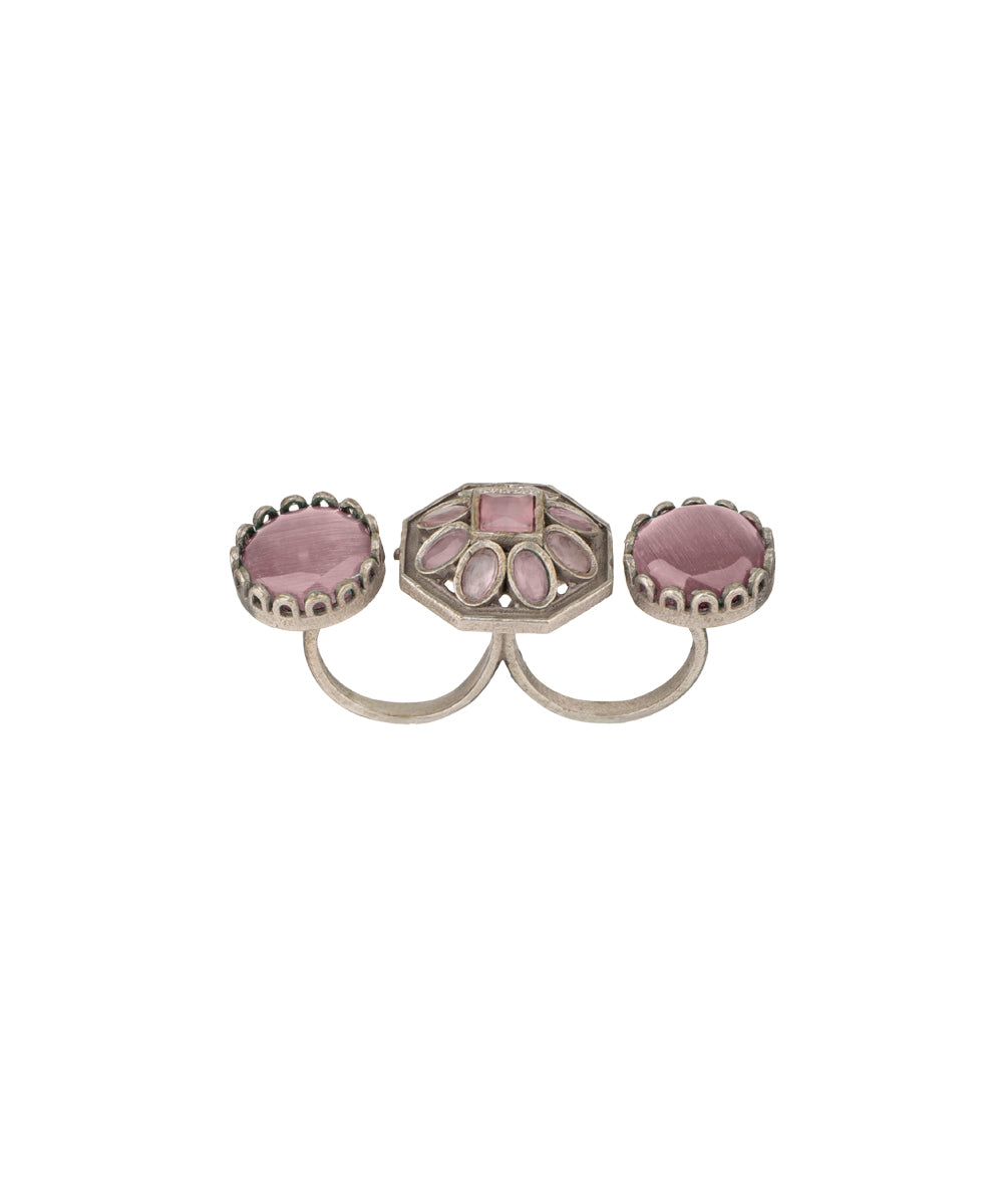 Double Finger Decorative Multi Stone Oxidised Ring | Stylika
