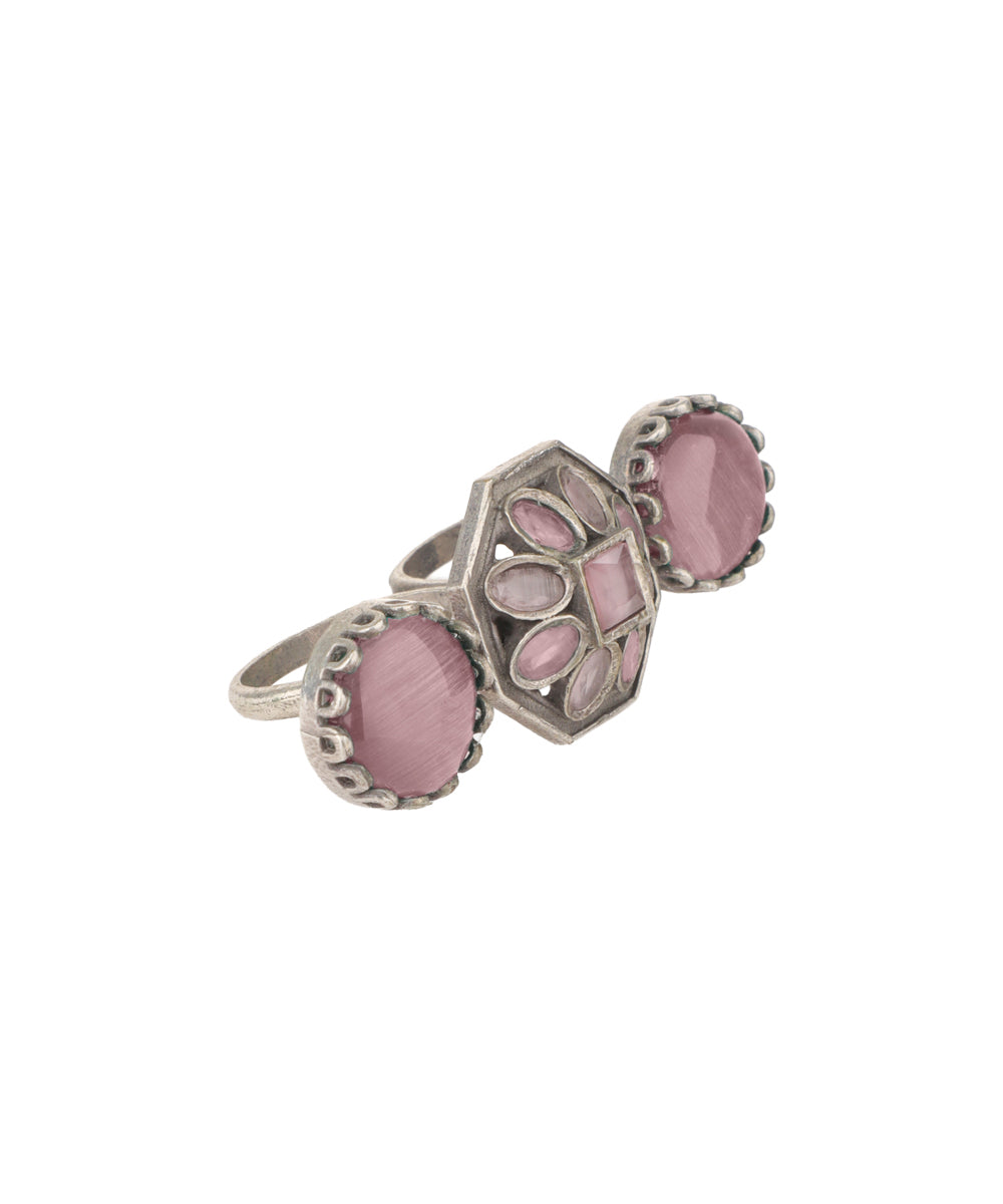 Double Finger Decorative Multi Stone Oxidised Ring | Stylika