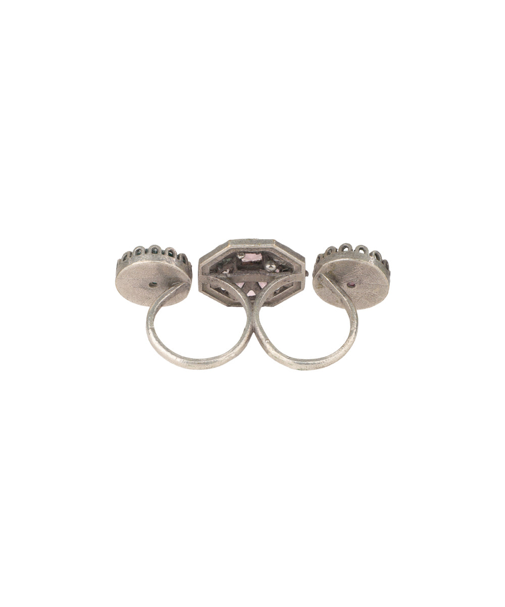 Double Finger Decorative Multi Stone Oxidised Ring | Stylika