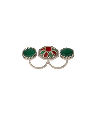 Double Finger Decorative Multi Stone Oxidised Ring | Stylika