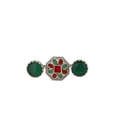 Double Finger Decorative Multi Stone Oxidised Ring | Stylika