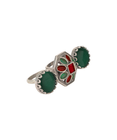 Double Finger Decorative Multi Stone Oxidised Ring | Stylika