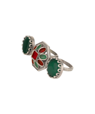 Double Finger Decorative Multi Stone Oxidised Ring | Stylika