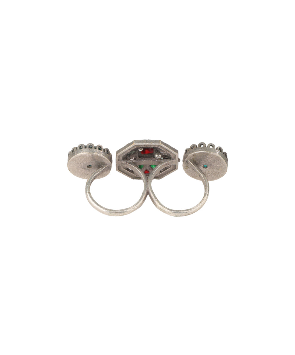 Double Finger Decorative Multi Stone Oxidised Ring | Stylika