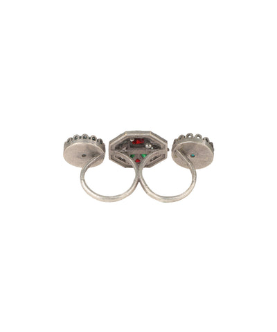 Double Finger Decorative Multi Stone Oxidised Ring | Stylika