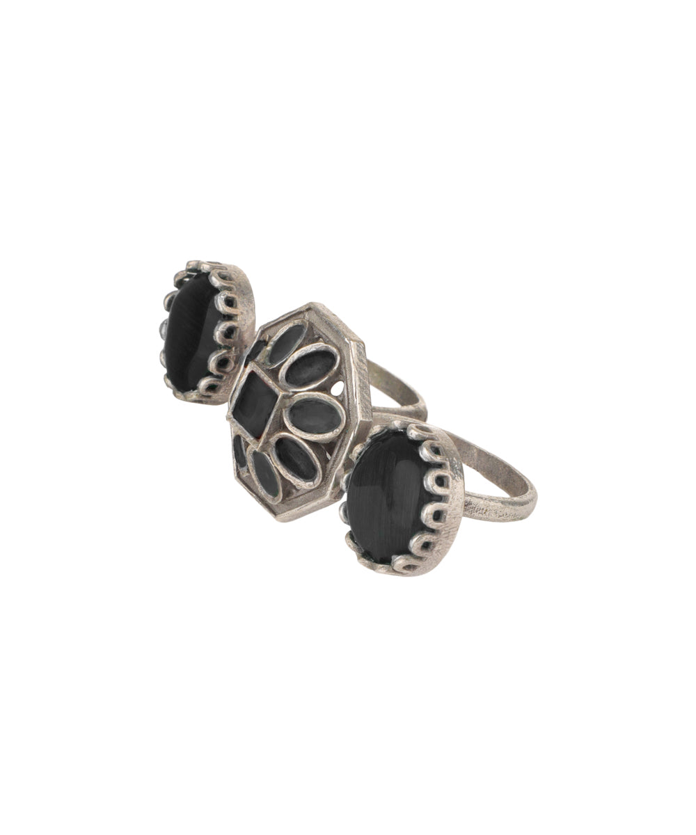 Double Finger Decorative Multi Stone Oxidised Ring | Stylika
