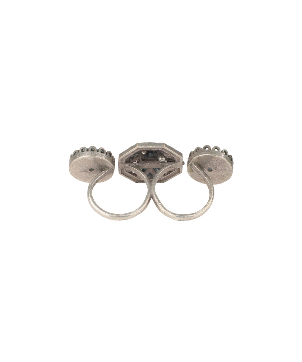 Double Finger Decorative Multi Stone Oxidised Ring | Stylika