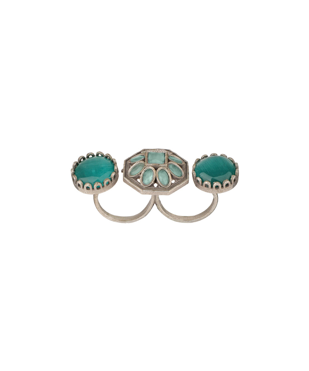 Double Finger Decorative Multi Stone Oxidised Ring | Stylika