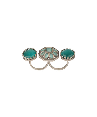 Double Finger Decorative Multi Stone Oxidised Ring | Stylika