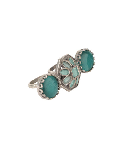 Double Finger Decorative Multi Stone Oxidised Ring | Stylika