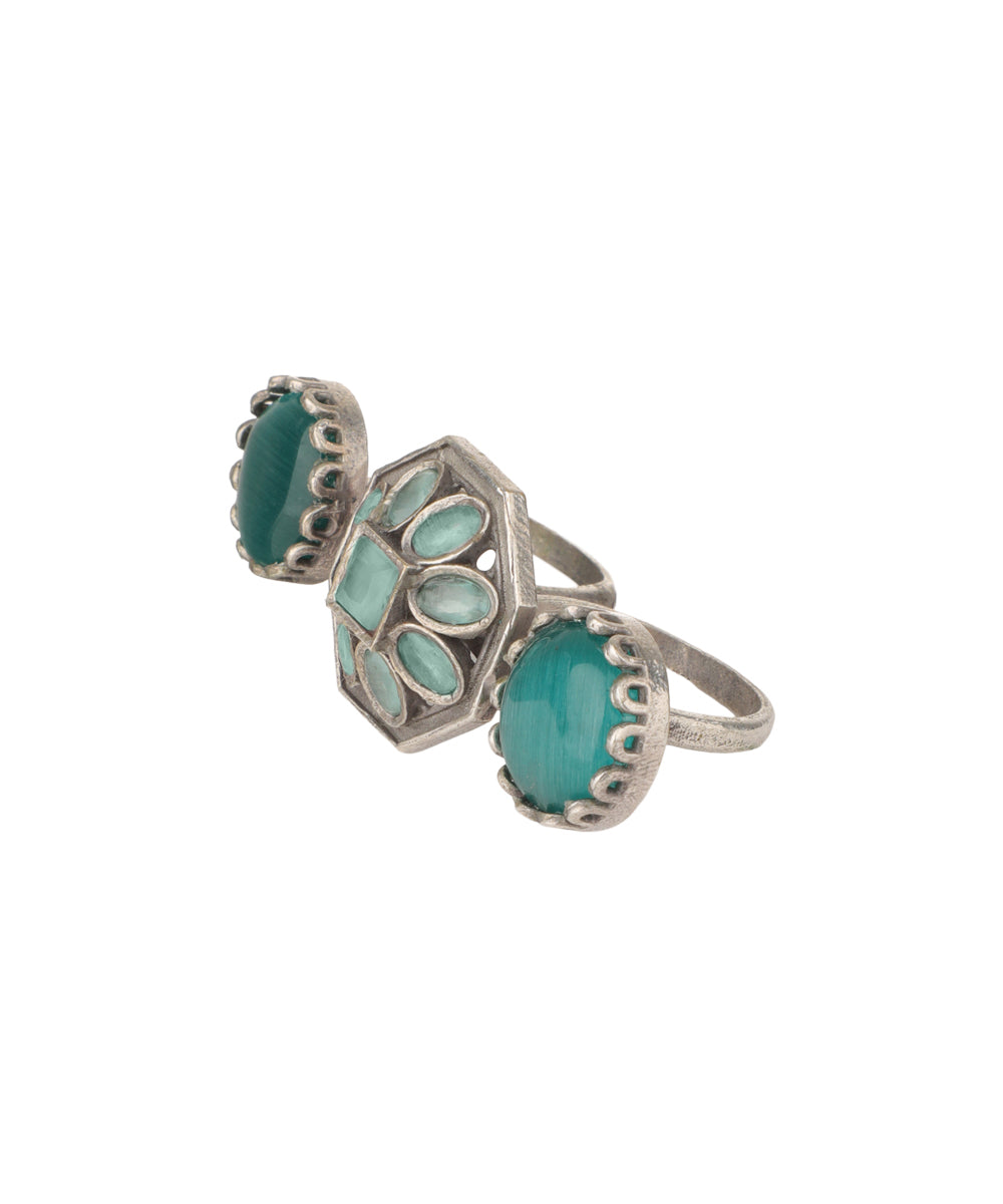 Double Finger Decorative Multi Stone Oxidised Ring | Stylika