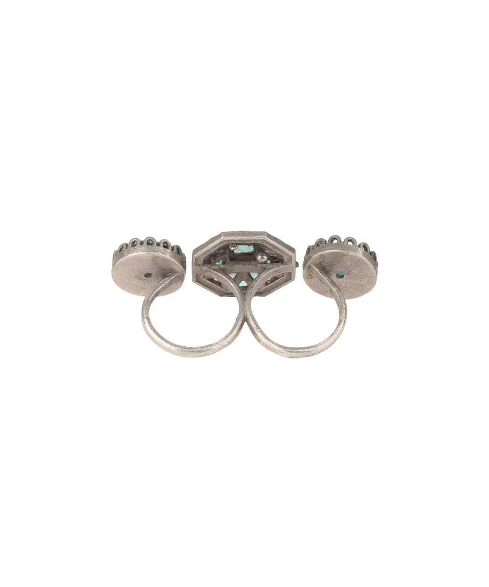 Double Finger Decorative Multi Stone Oxidised Ring | Stylika