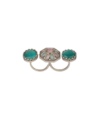Double Finger Decorative Multi Stone Oxidised Ring | Stylika