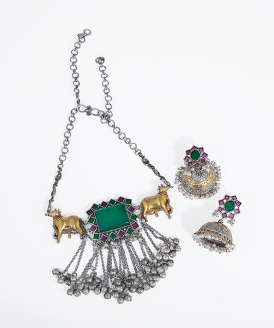 Bull Motifs Oxidised Choker Statement Necklace with Earrings | Stylika