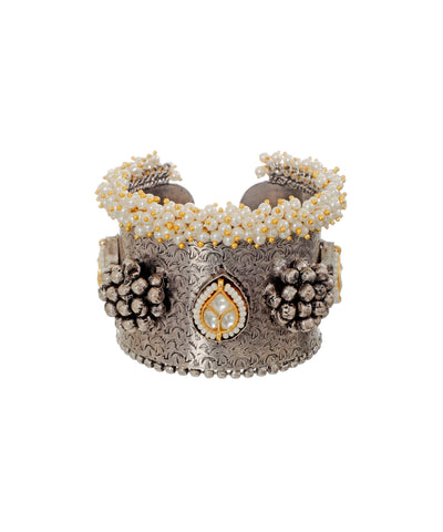 Oxidised Floral Etched Pearl Cluster Cuff Bracelet | Stylika