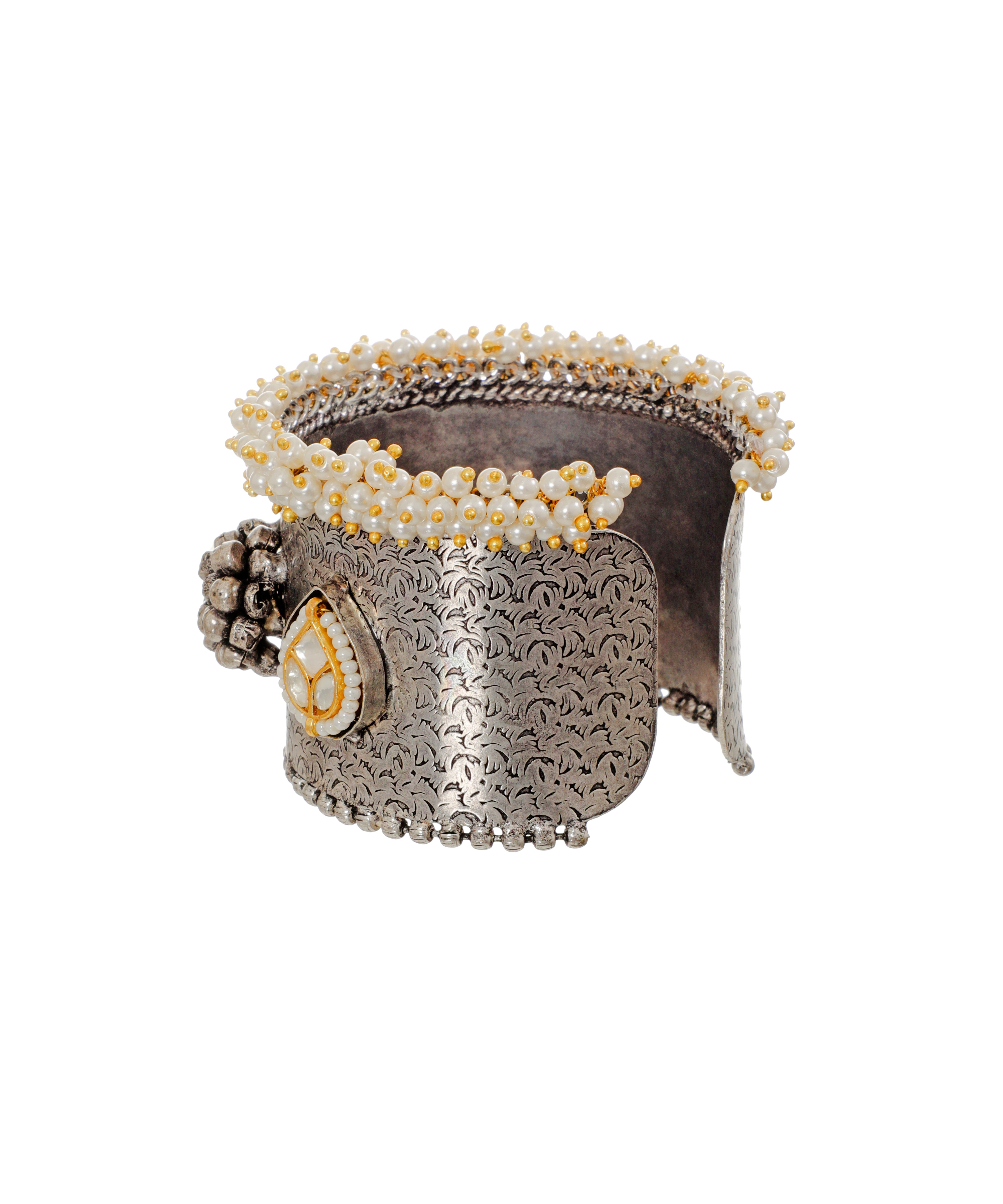 Oxidised Floral Etched Pearl Cluster Cuff Bracelet | Stylika