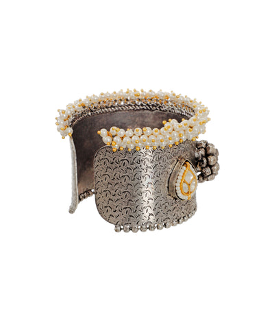 Oxidised Floral Etched Pearl Cluster Cuff Bracelet | Stylika