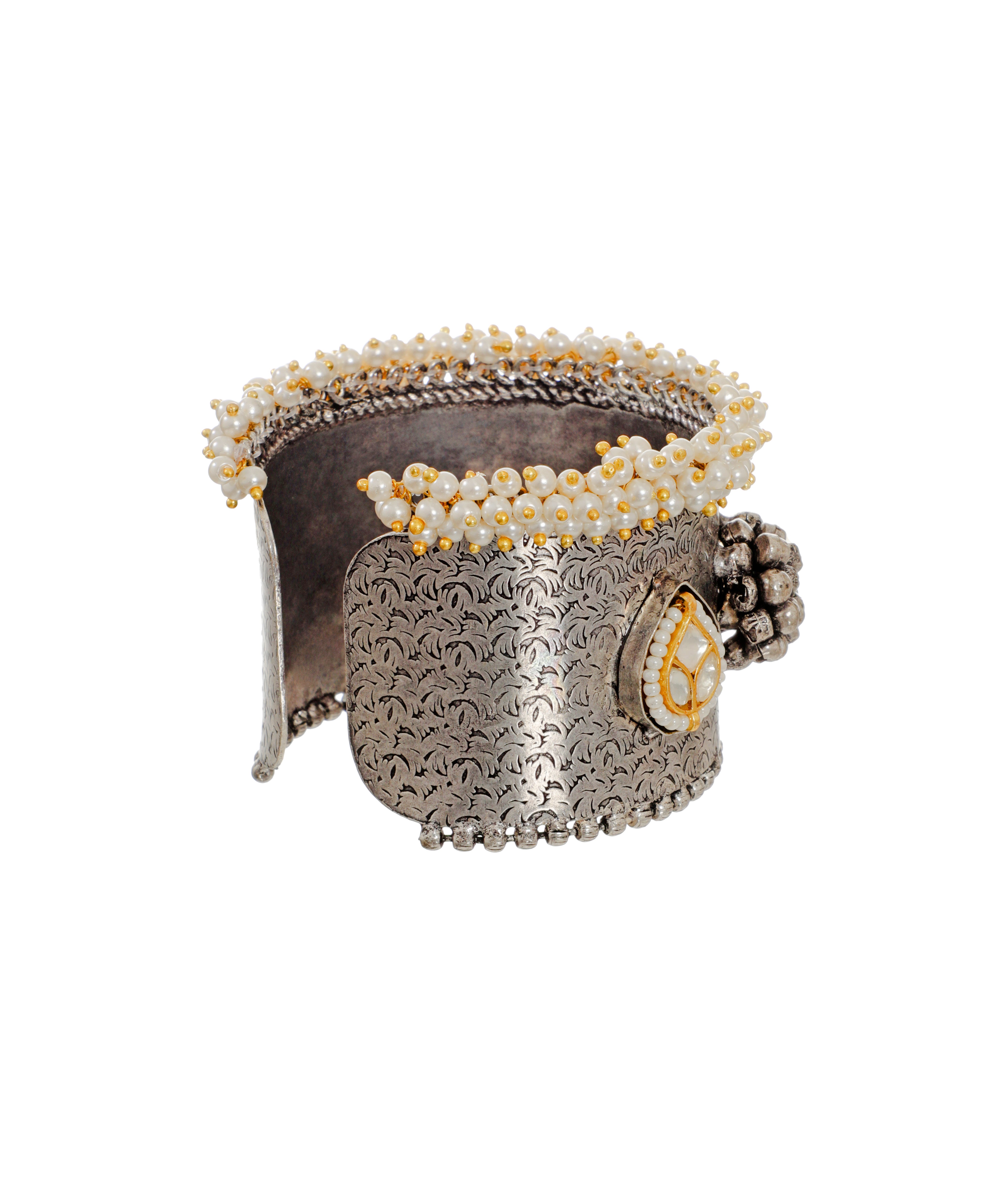 Oxidised Floral Etched Pearl Cluster Cuff Bracelet | Stylika
