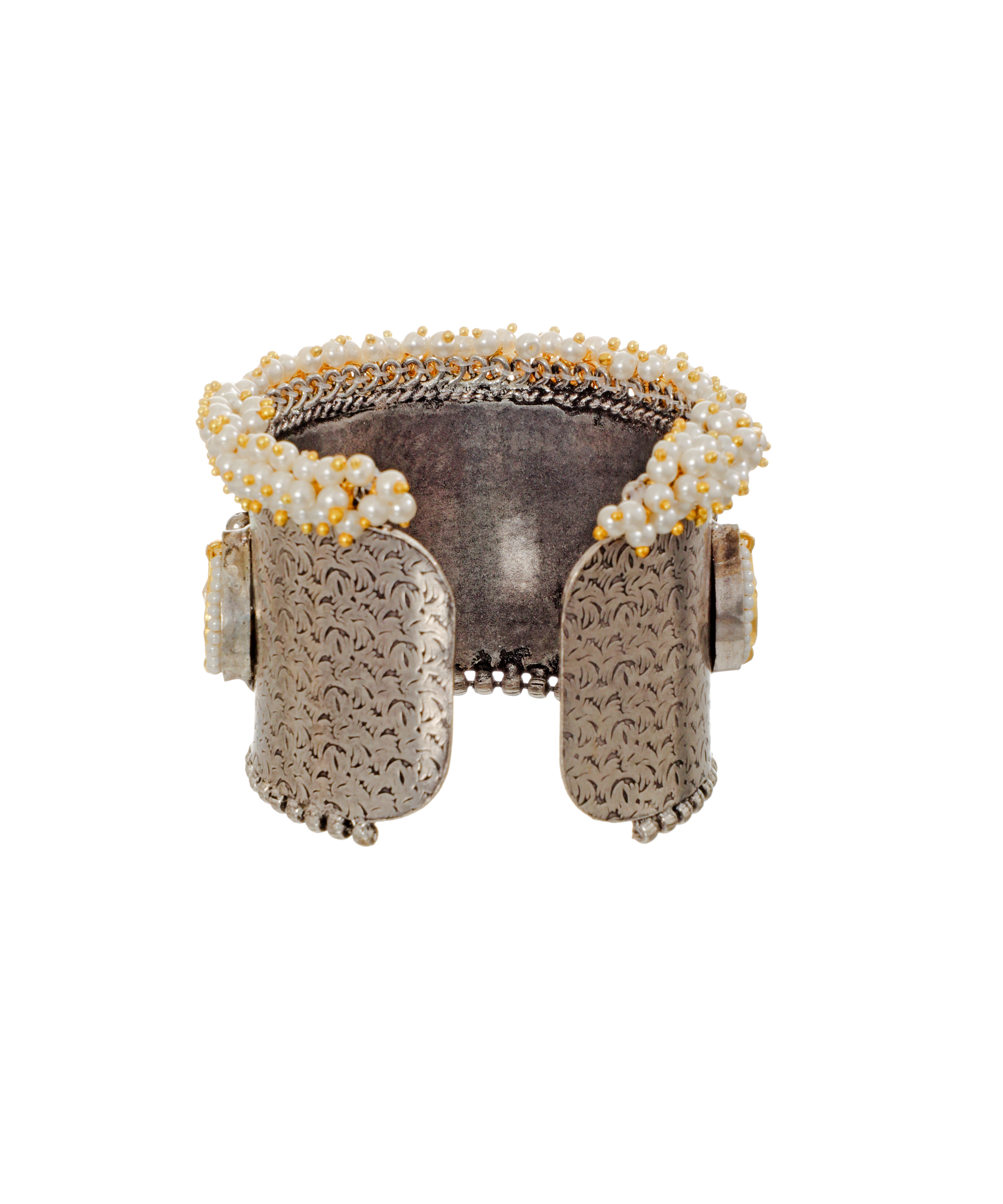 Oxidised Floral Etched Pearl Cluster Cuff Bracelet | Stylika