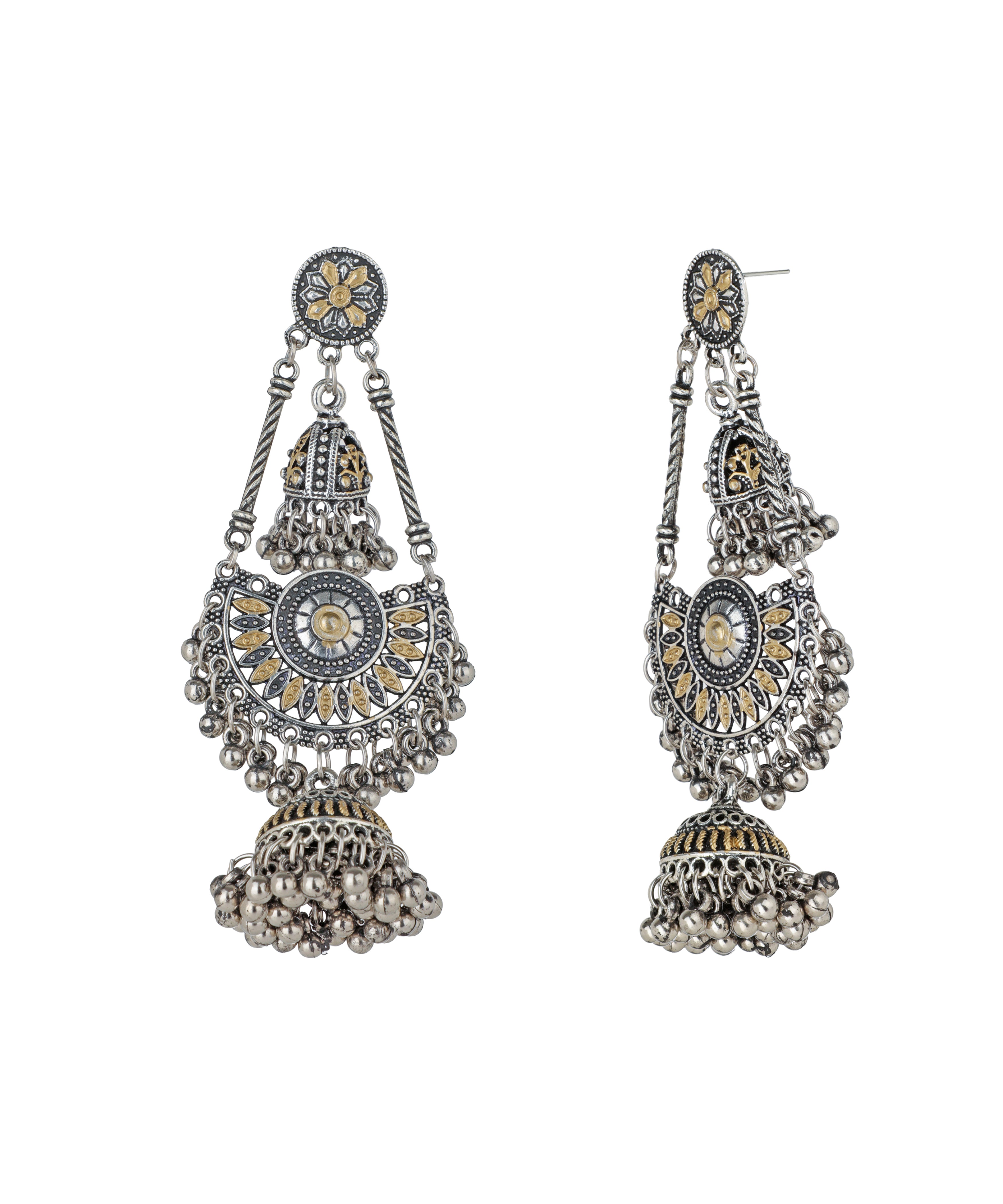 Floral Motif Layered Drop Oxidised Earrings | Stylika