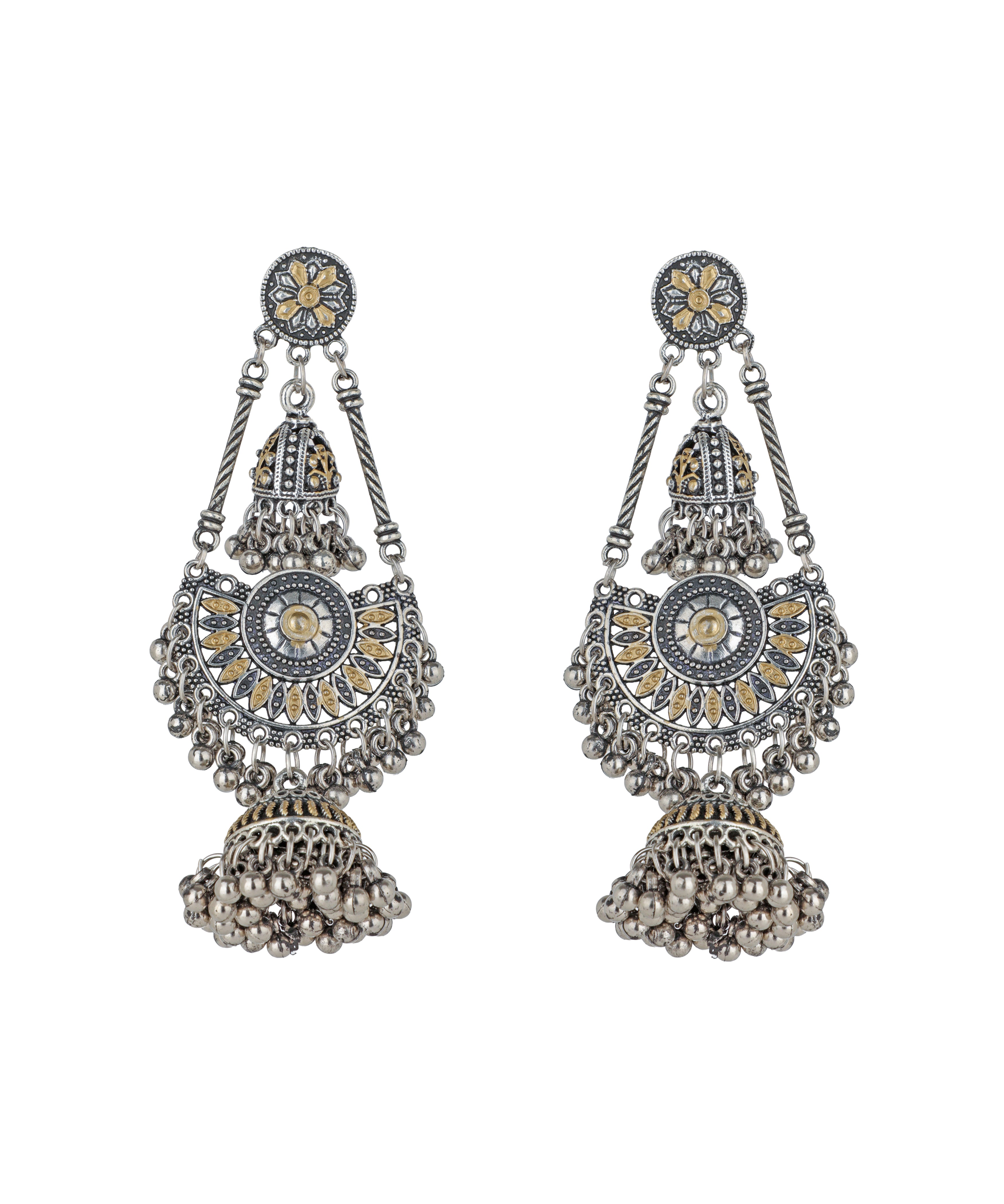 Floral Motif Layered Drop Oxidised Earrings | Stylika