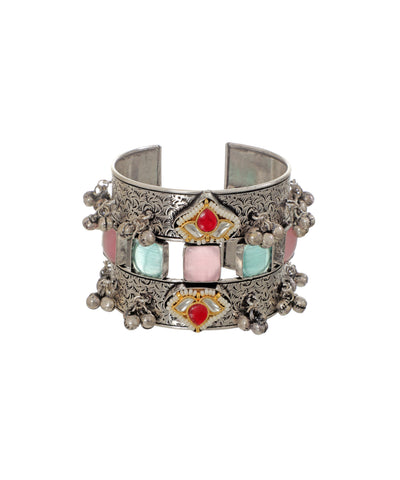 Engraved Oxidised  Cuff Bracelet with Pastel Stones | Stylika